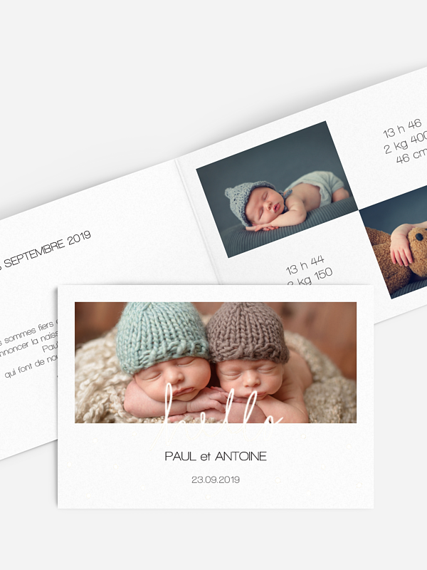 Faire-part naissance jumeaux Hello baby