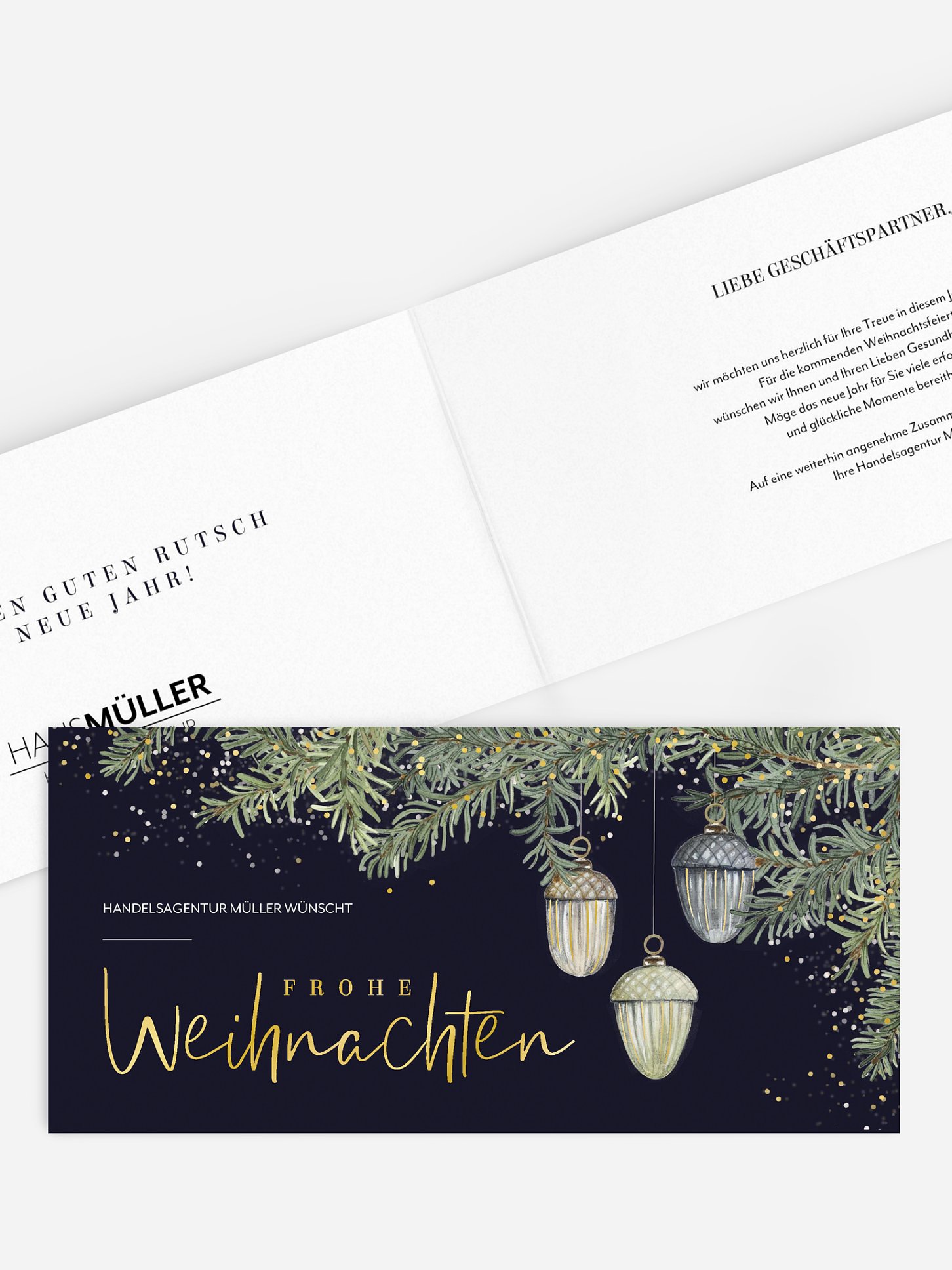 Geschäftliche Weihnachtskarte Tannenschmuck