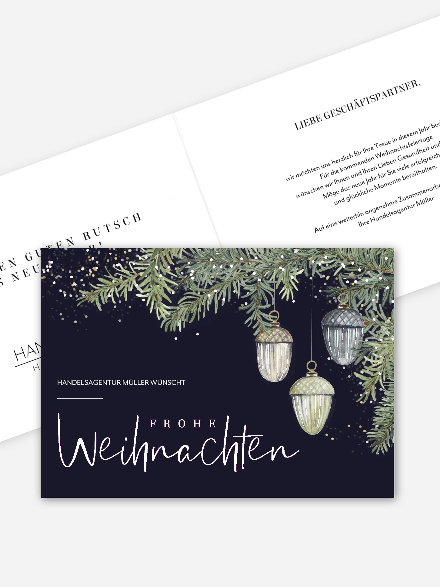 Geschäftliche Weihnachtskarte Tannenschmuck