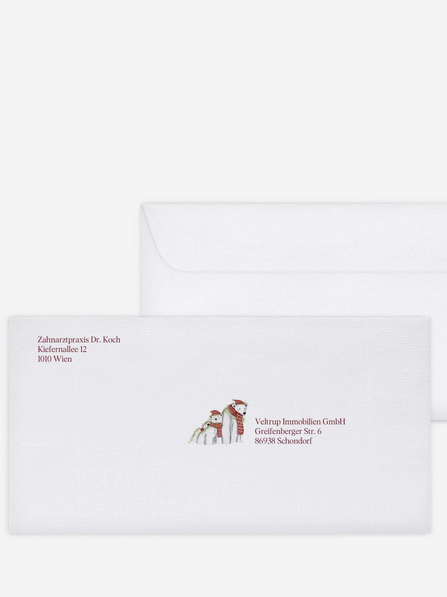 Bedruckte Umschläge geschäftl. Weihnachten Eisbärenfamilie Kraftpapier