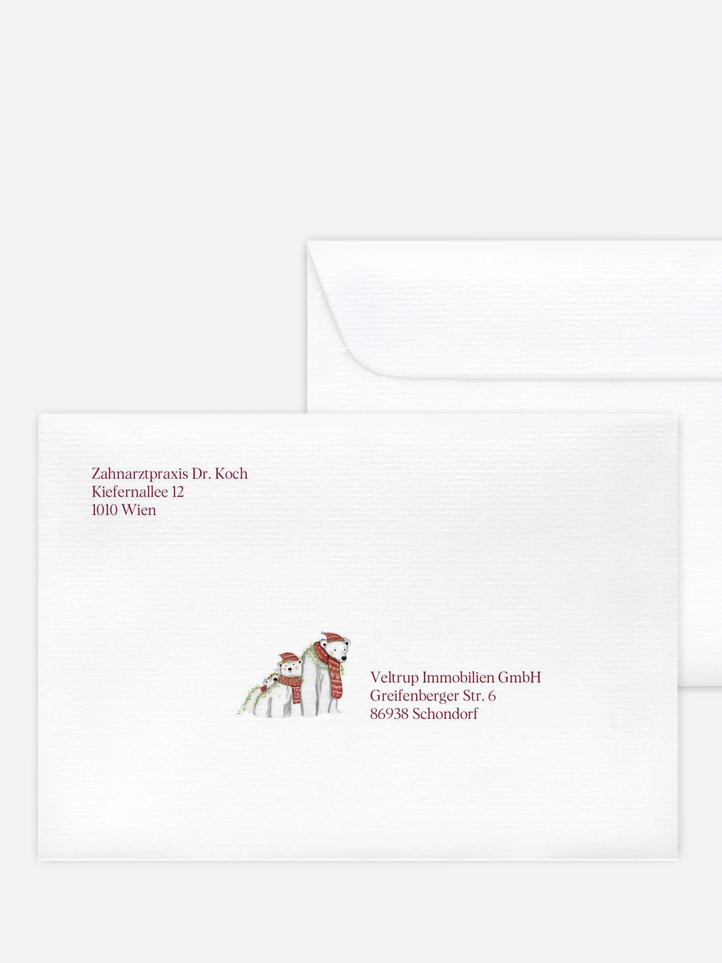 Bedruckte Umschläge geschäftl. Weihnachten Eisbärenfamilie Kraftpapier