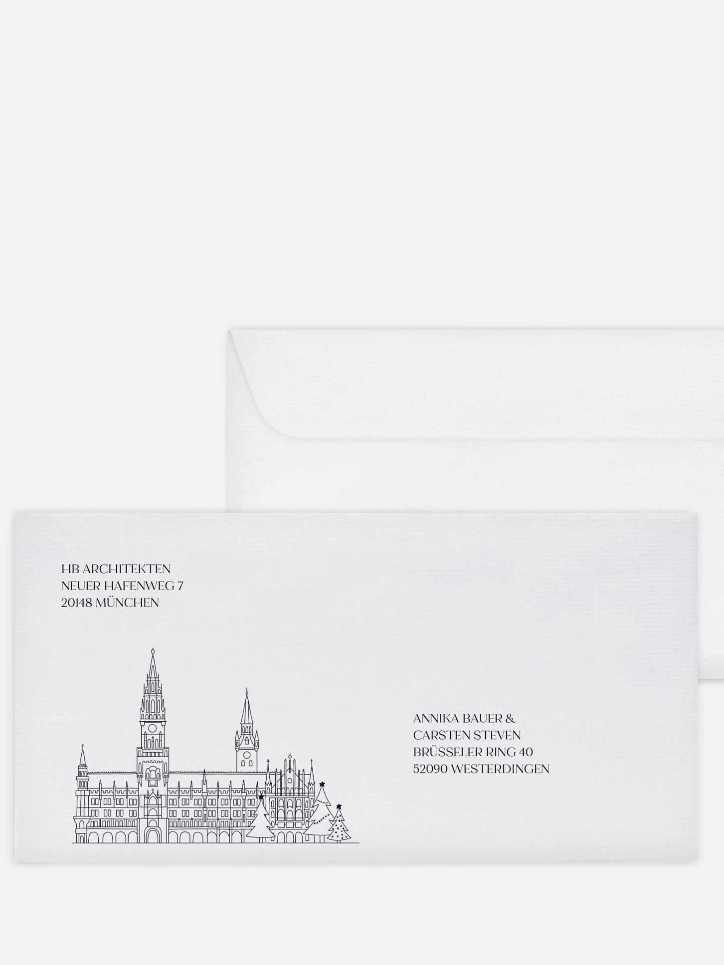 Bedruckte Umschläge geschäftl. Weihnachten Munich City Skyline