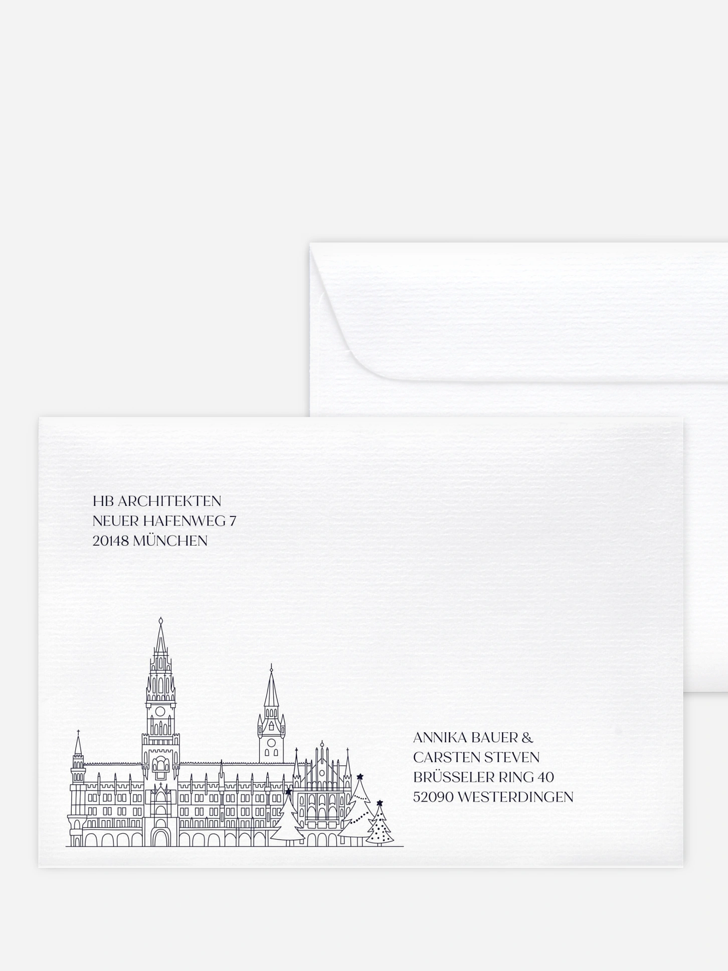 Bedruckte Umschläge geschäftl. Weihnachten Munich City Skyline
