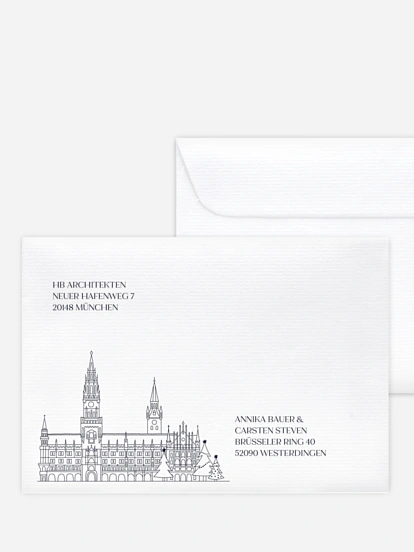 Bedruckte Umschläge geschäftl. Weihnachten Munich City Skyline