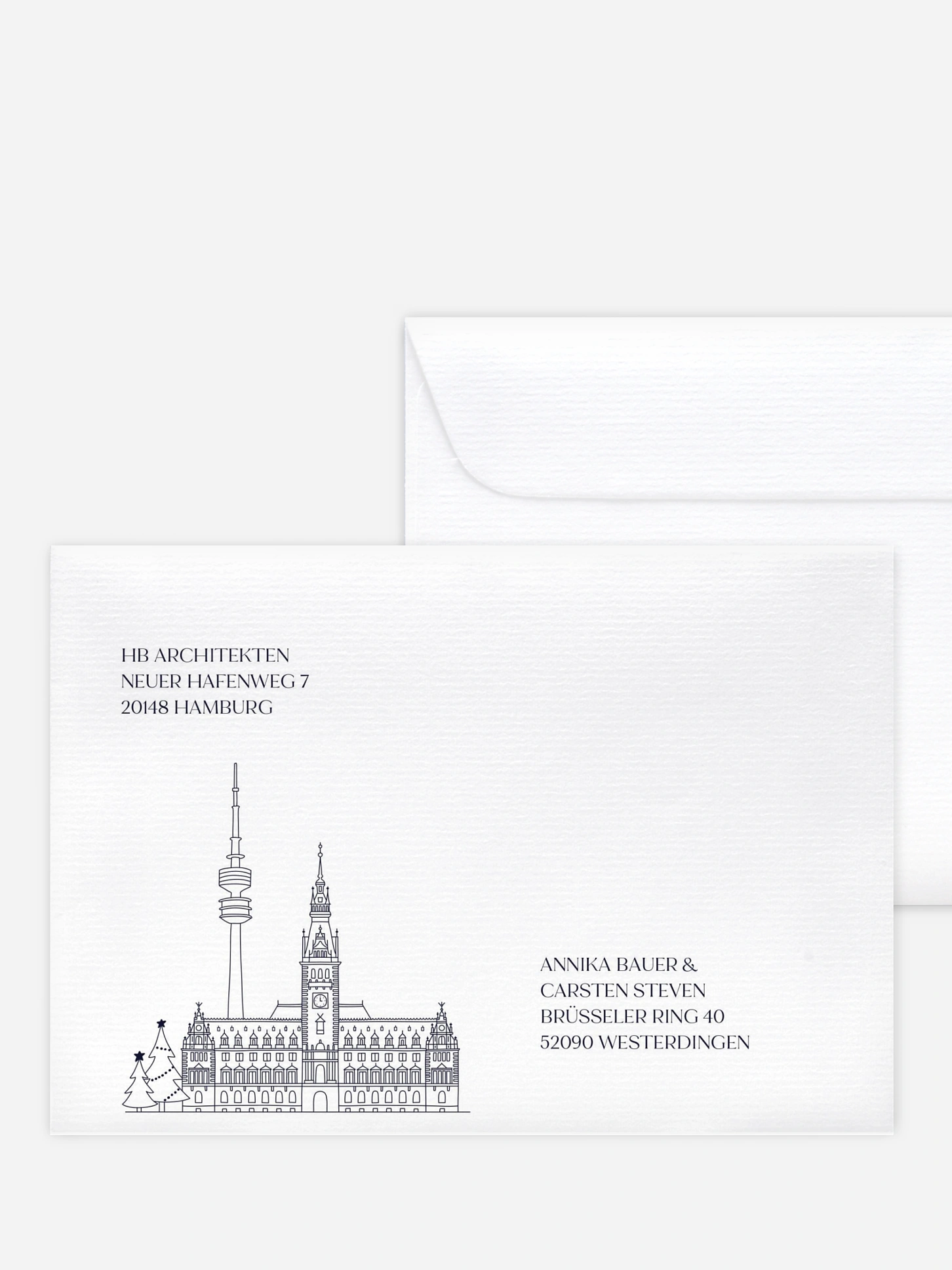 Bedruckte Umschläge geschäftl. Weihnachten Hamburg City Skyline