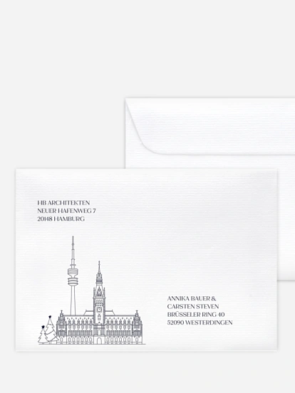 Bedruckte Umschläge geschäftl. Weihnachten Hamburg City Skyline
