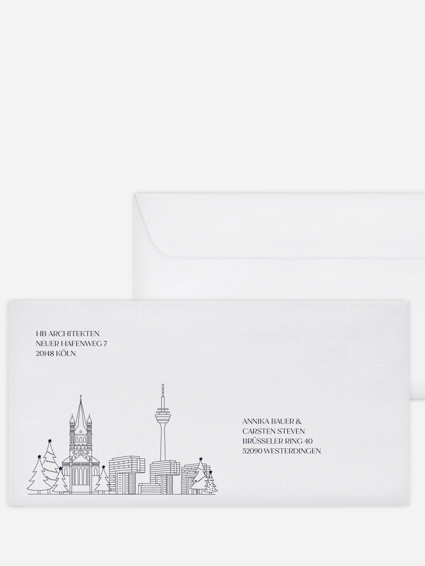 Bedruckte Umschläge geschäftl. Weihnachten Cologne City Skyline
