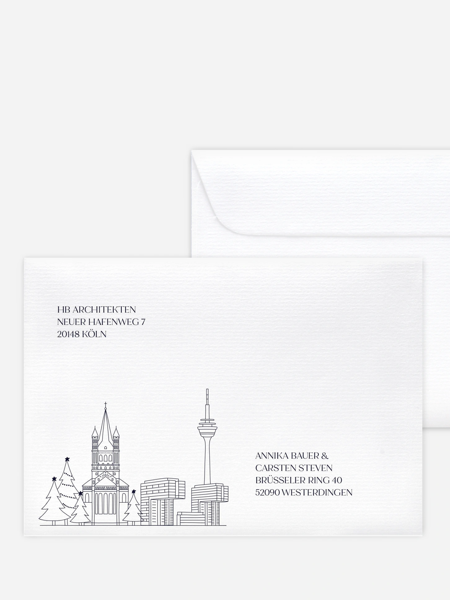 Bedruckte Umschläge geschäftl. Weihnachten Cologne City Skyline
