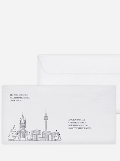 Bedruckte Umschläge geschäftl. Weihnachten Cologne City Skyline