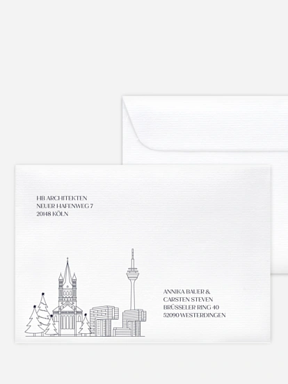 Bedruckte Umschläge geschäftl. Weihnachten Cologne City Skyline
