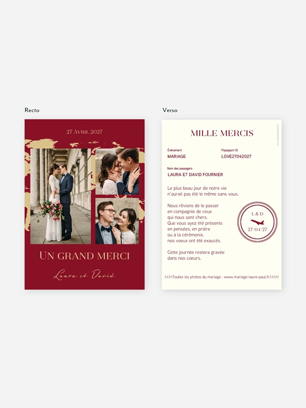 Carte de remerciements Passeport chic