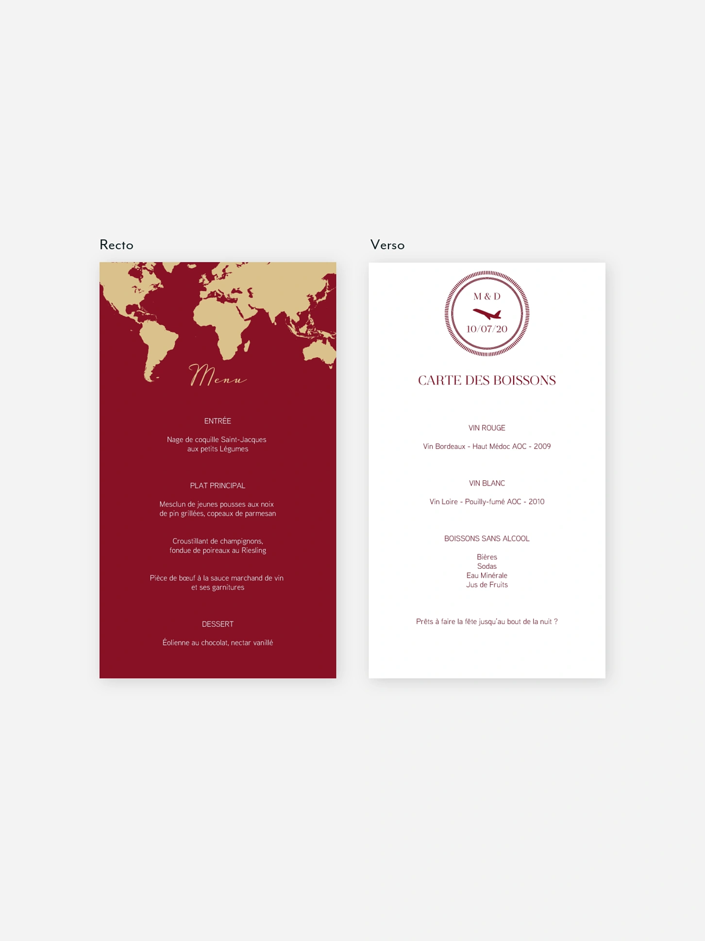 Menu mariage Passeport chic