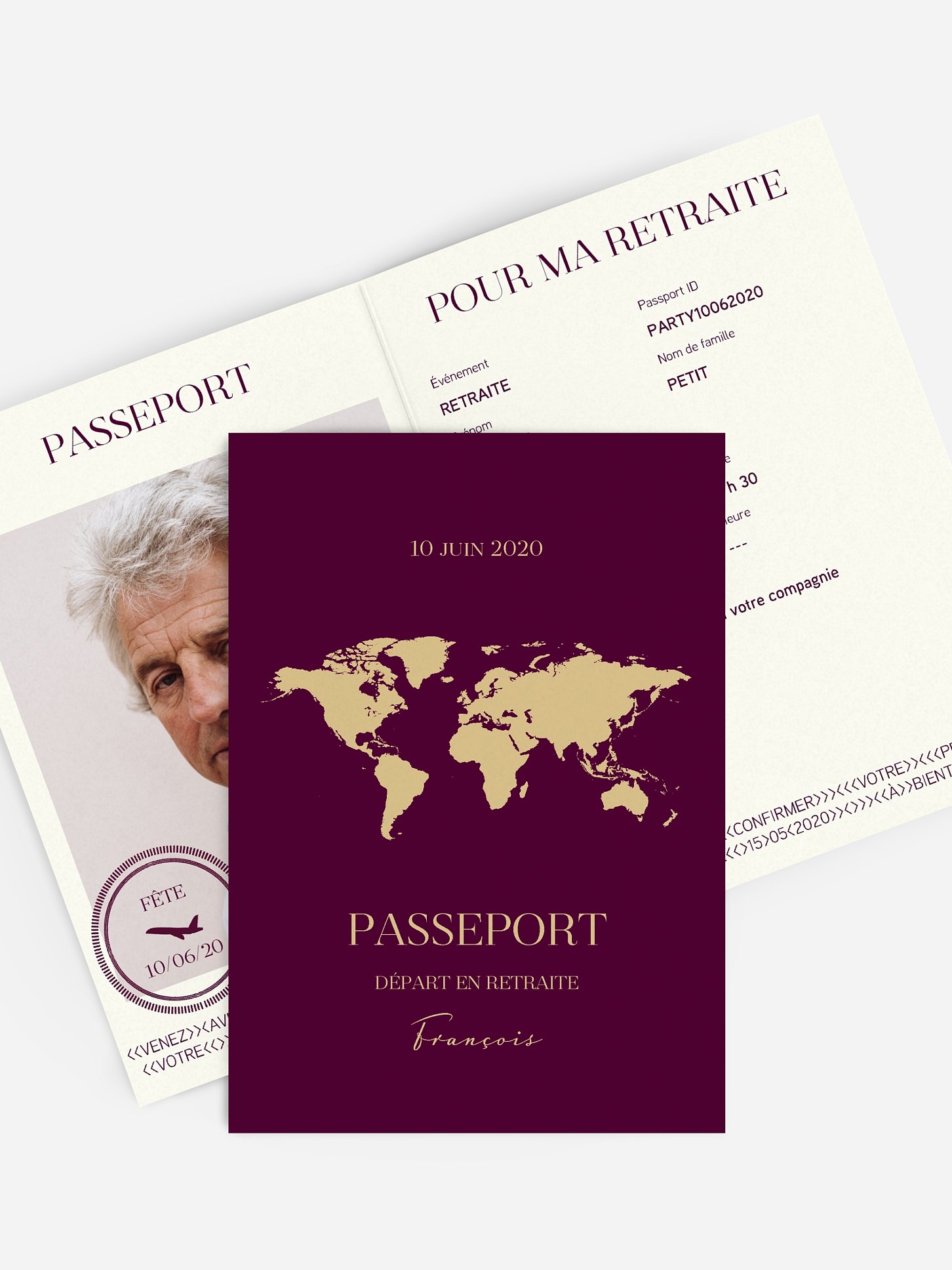Carte invitation départ retraite Passeport chic