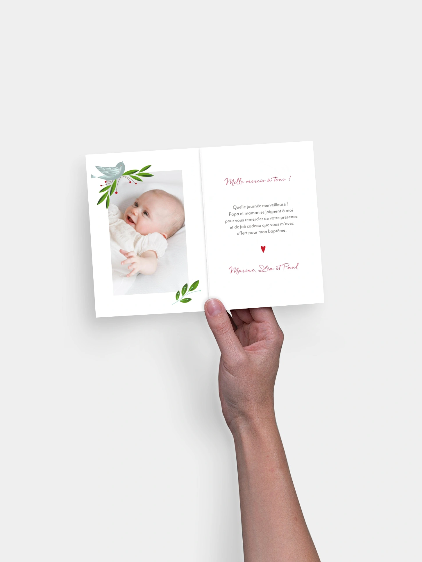 Carte remerciement baptême Nid d'oiseau