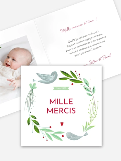 Carte remerciement baptême Nid d'oiseau