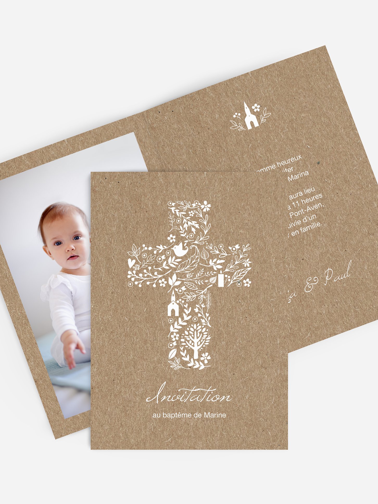 Faire-part baptême Jolie croix champêtre