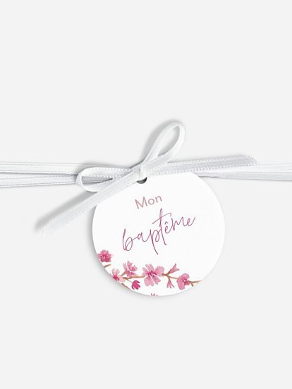 Étiquette avec ruban baptême Branche de cerisier