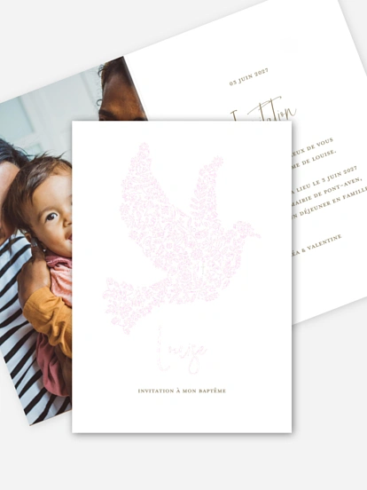 Faire-part baptême Colombe dorée