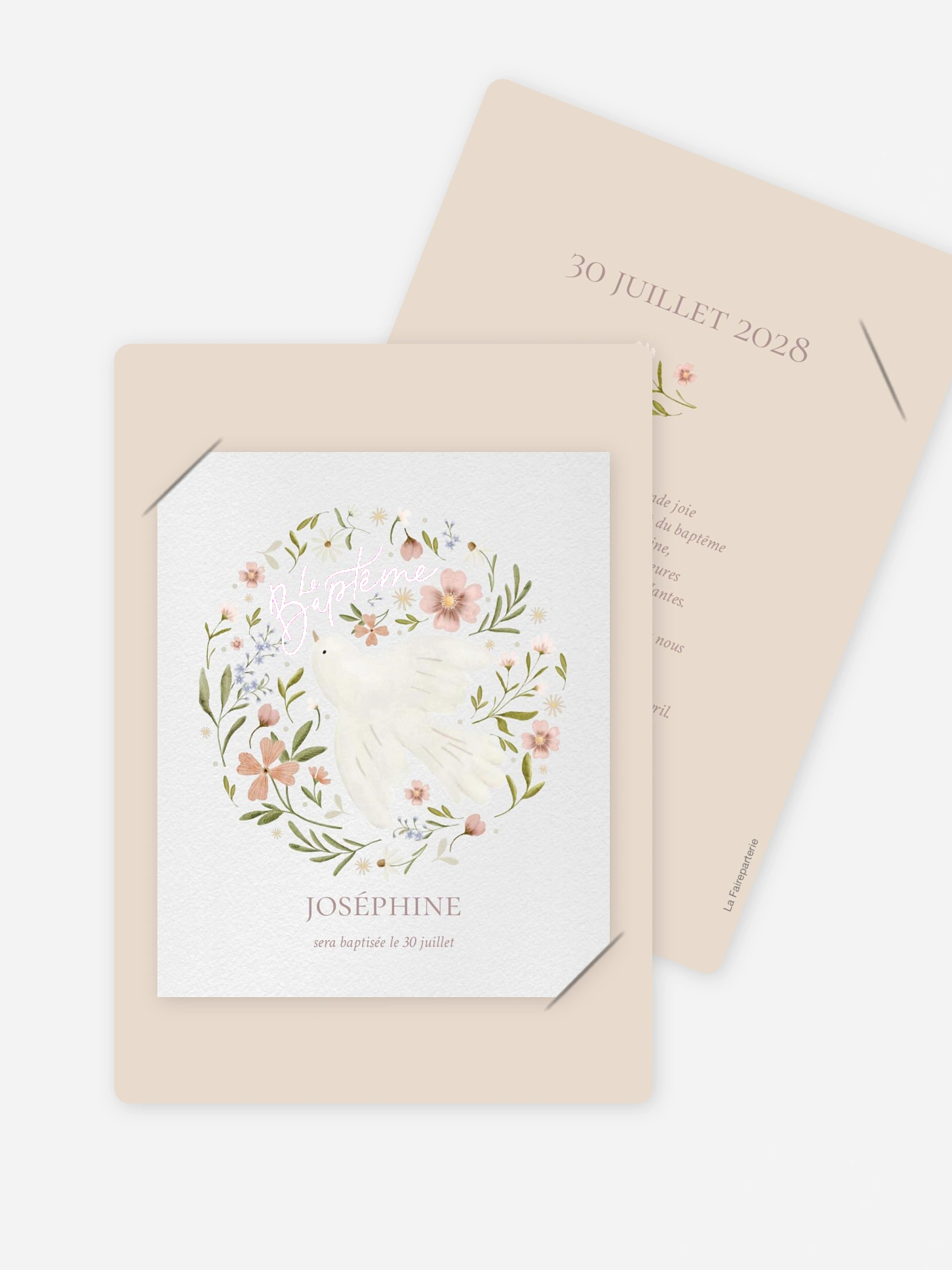 Faire-part baptême Colombe Fleurie