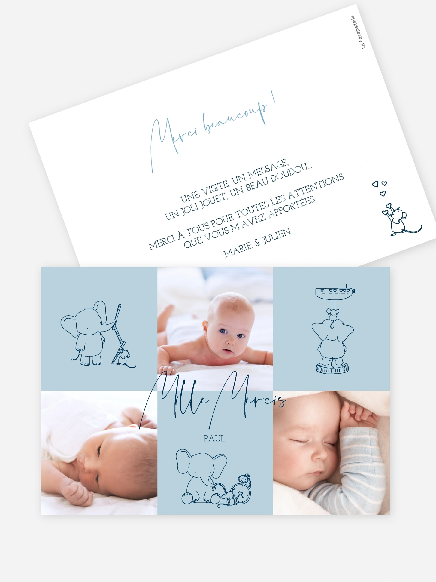 Carte remerciement naissance La souris et l'éléphant
