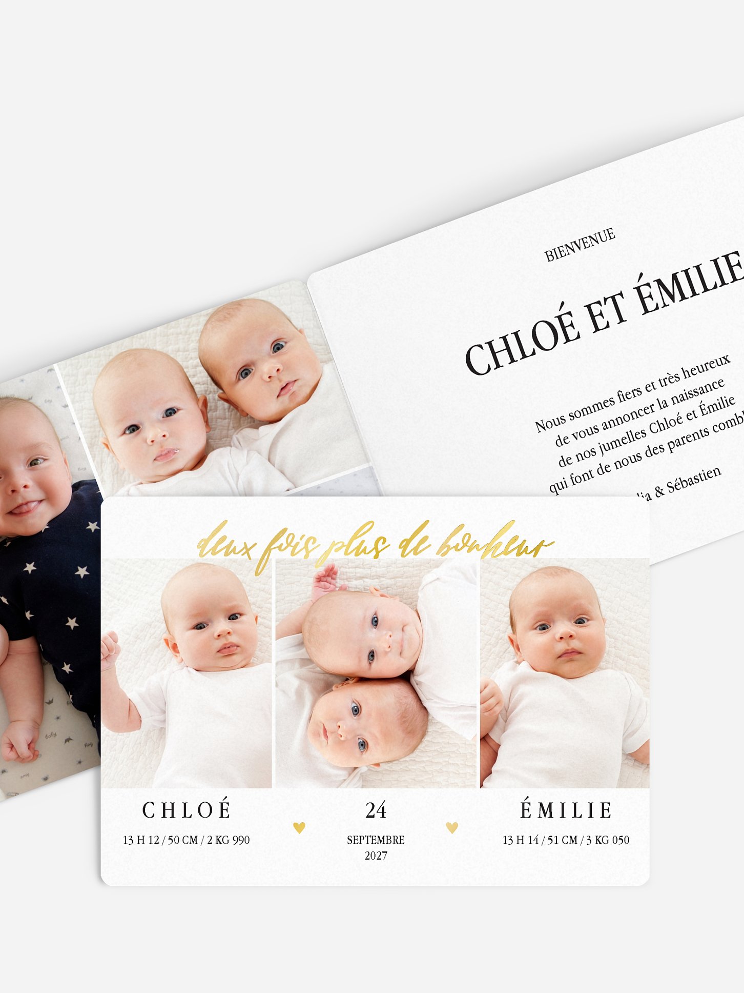Faire-part naissance jumeaux Double coeur