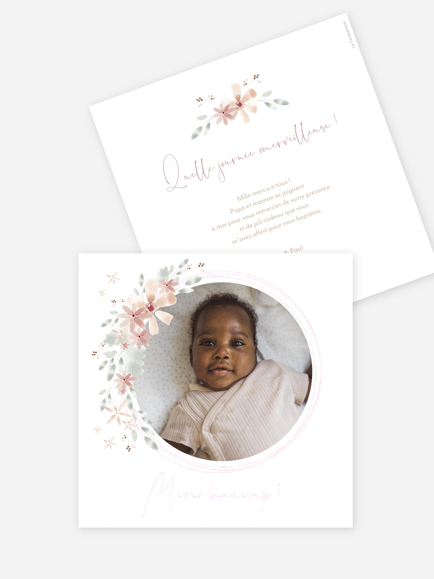 Carte remerciement baptême Fleurs Roses