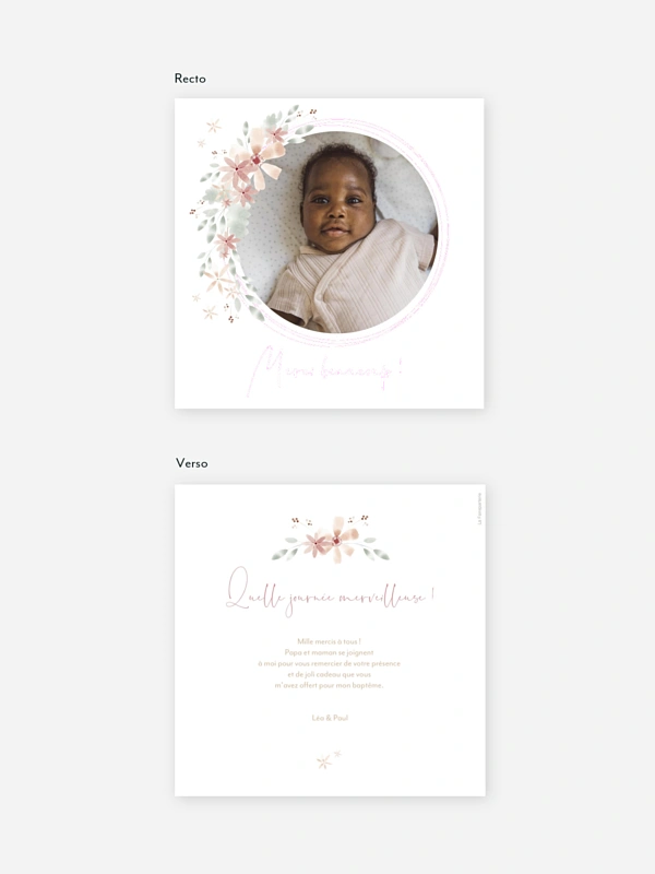 Carte remerciement baptême Fleurs Roses