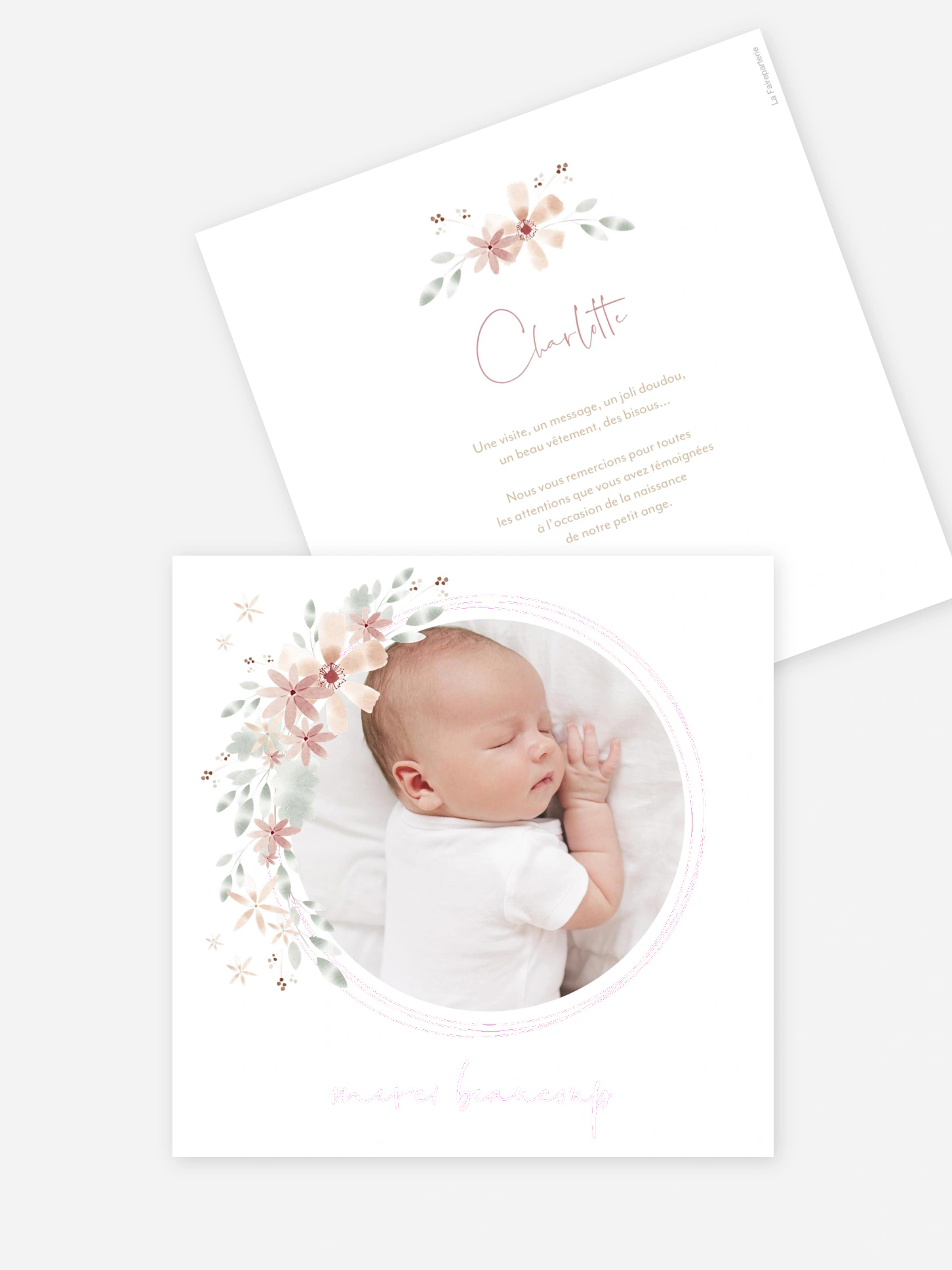 Carte remerciement naissance Fleurs Roses