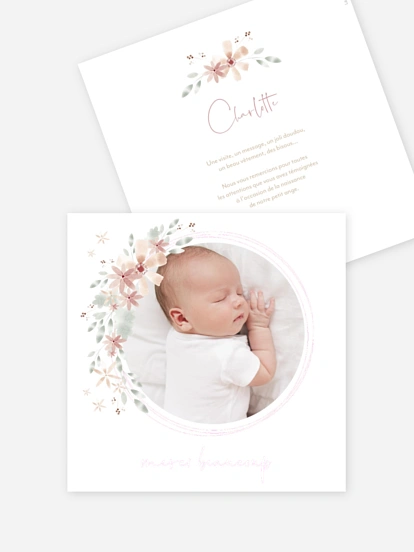 Carte remerciement naissance Fleurs Roses