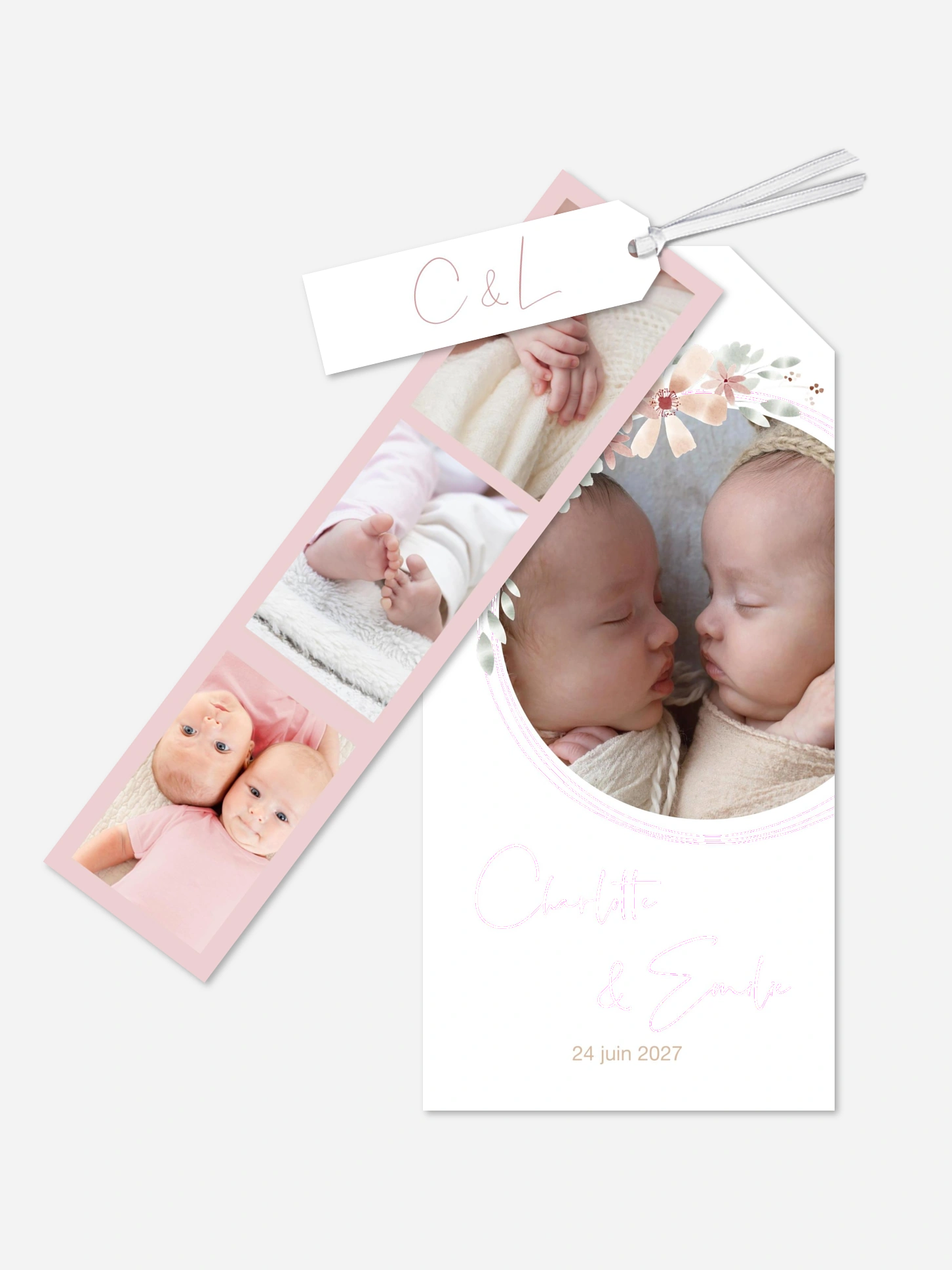 Faire-part naissance jumeaux Fleurs Roses