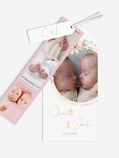Faire-part naissance jumeaux Fleurs Roses