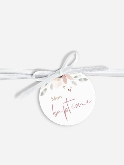 Étiquette avec ruban baptême Fleurs Roses