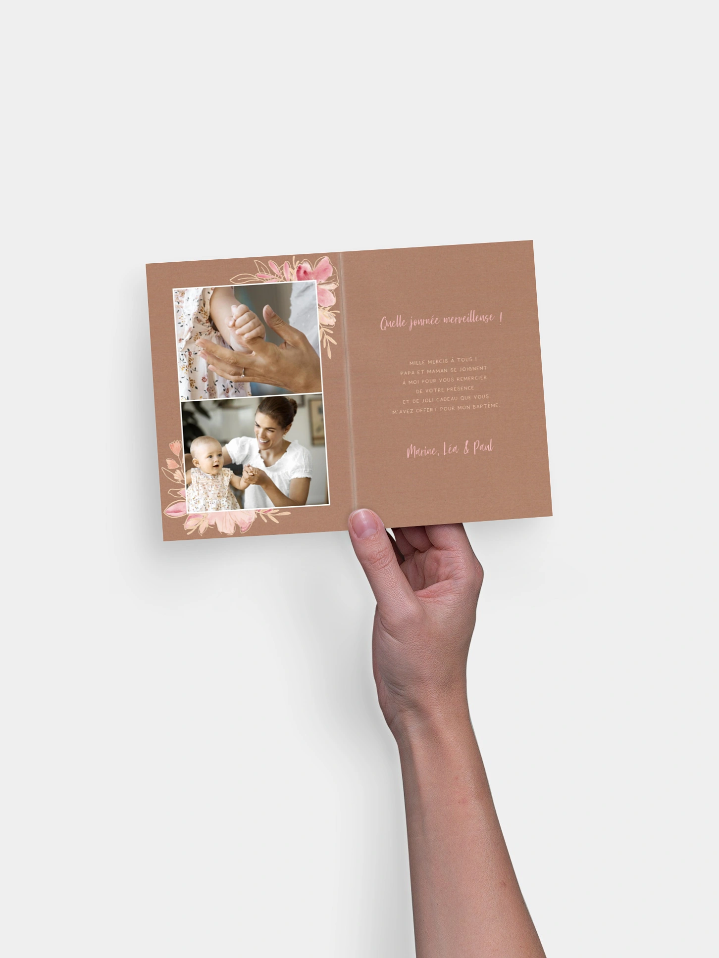 Carte remerciement baptême Couronne printanière