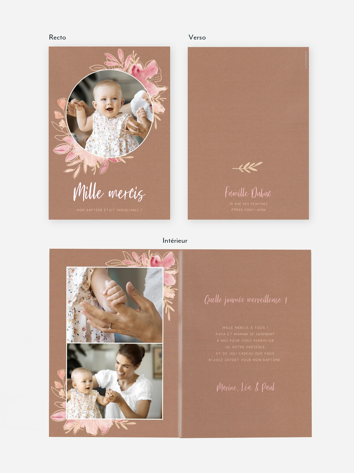 Carte remerciement baptême Couronne printanière