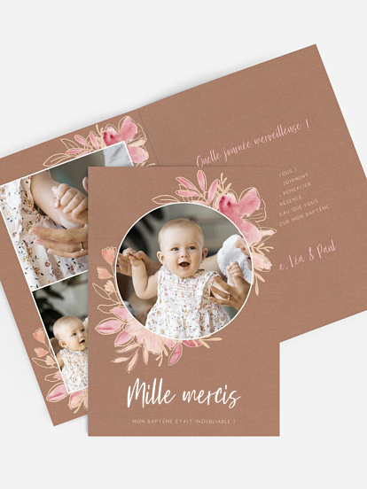 Carte remerciement baptême Couronne printanière