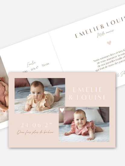 Faire-part naissance jumeaux Cœur en Or