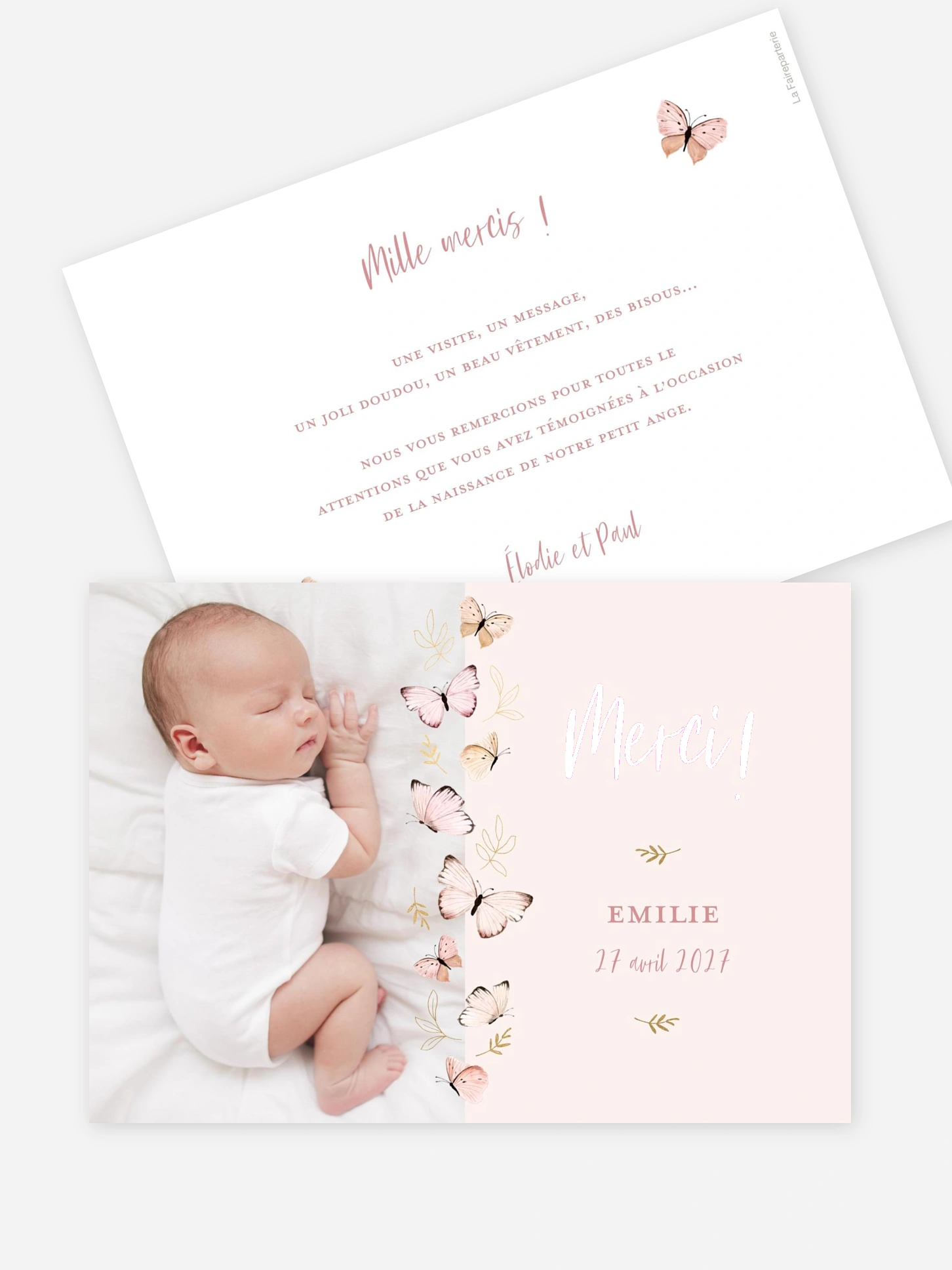 Carte remerciement naissance Petits papillons 2