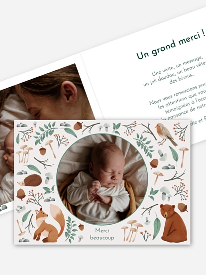 Carte remerciement naissance Balade forestière