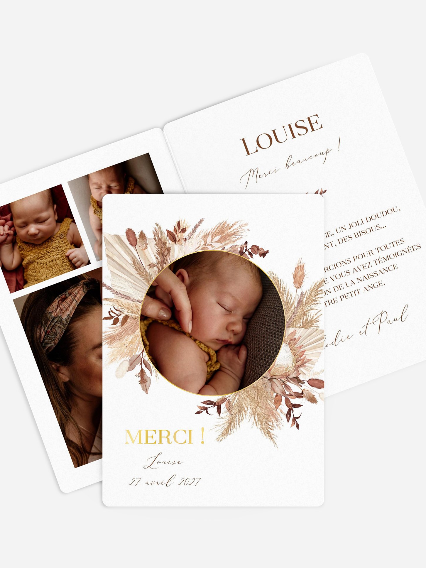 Carte remerciement naissance Jolies fleurs séchées