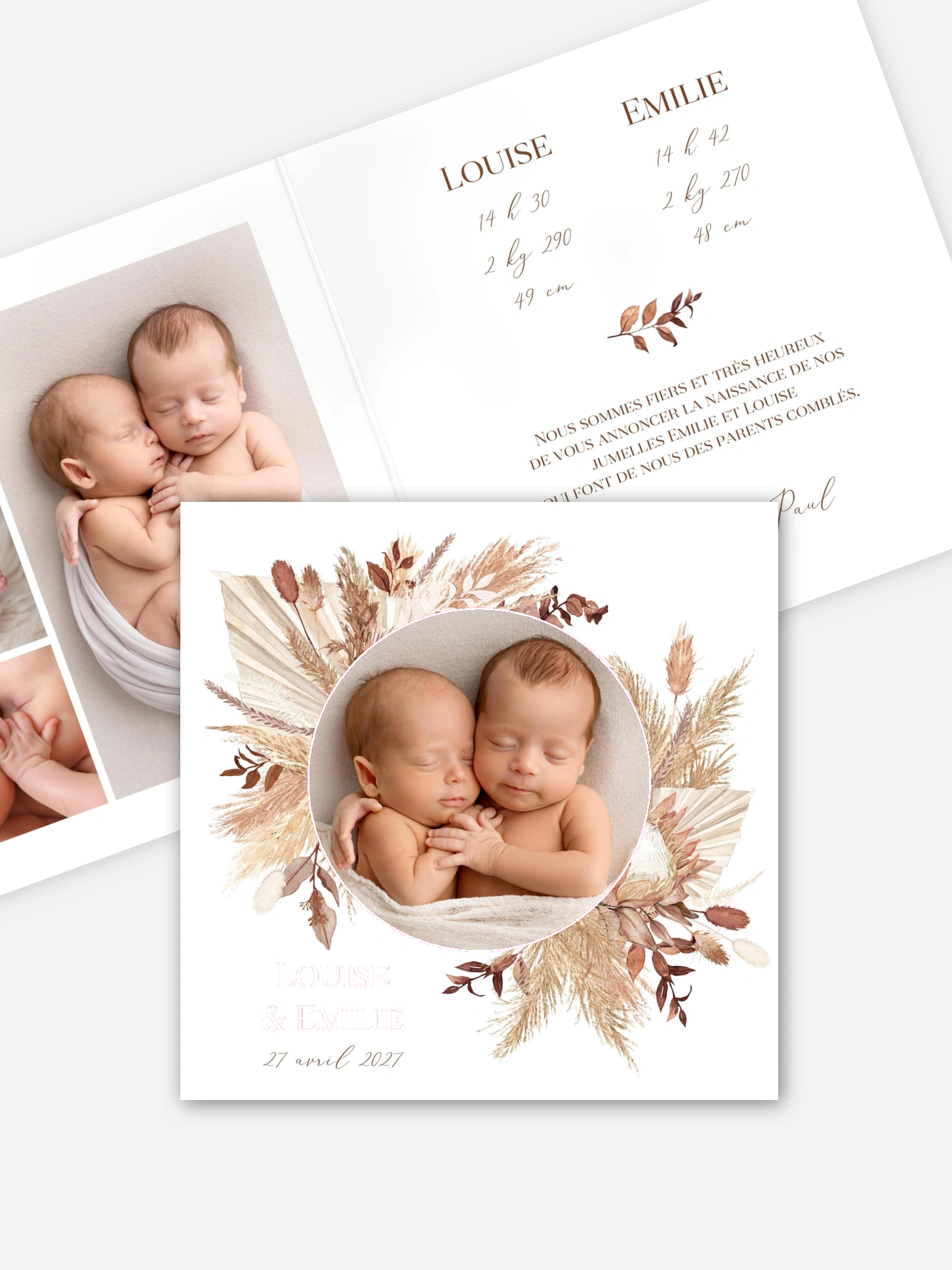 Faire-part naissance jumeaux Jolies fleurs séchées