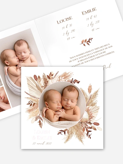 Faire-part naissance jumeaux Jolies fleurs séchées