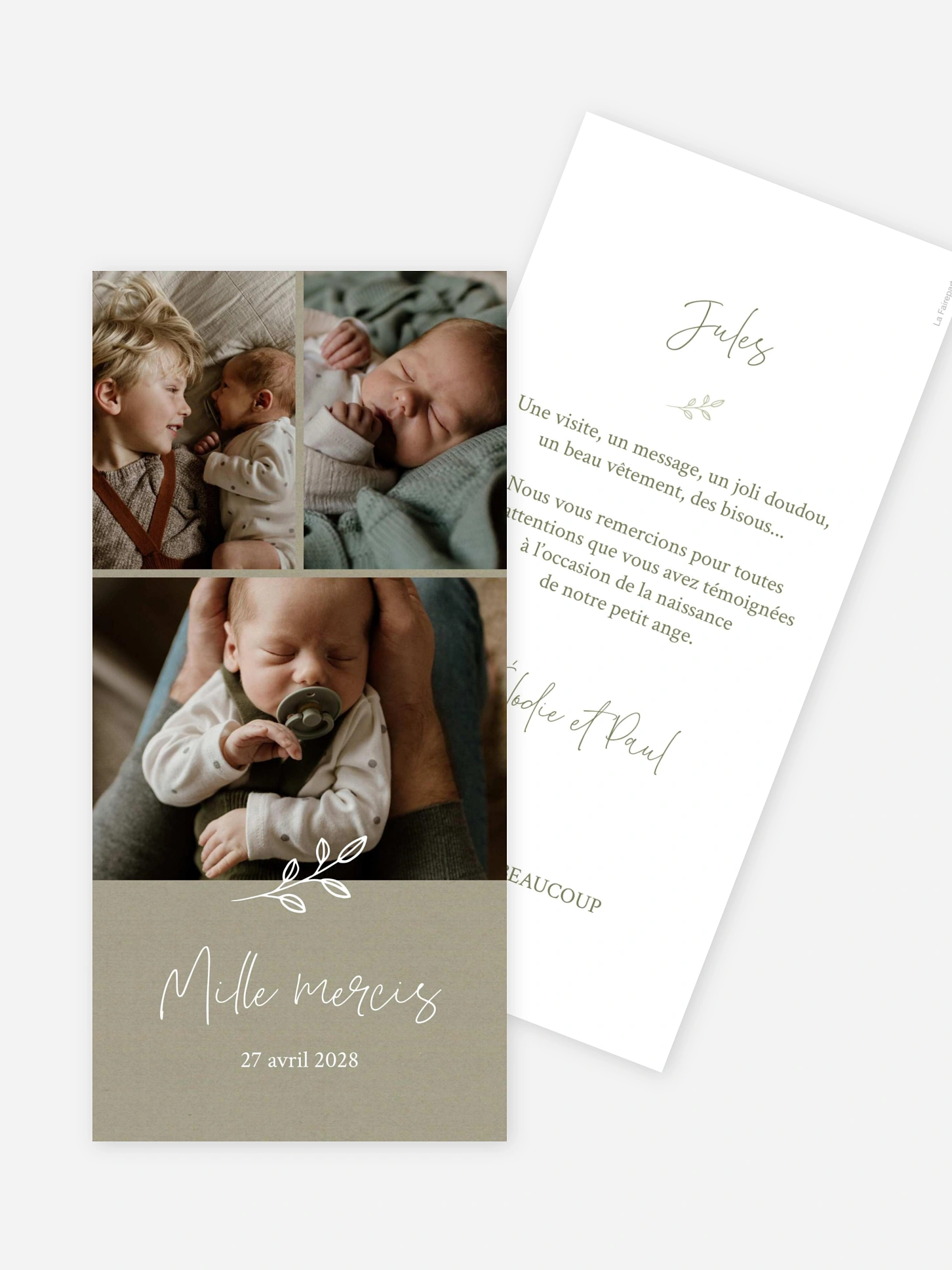 Carte remerciement naissance Feuille dorée