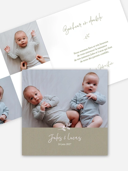 Faire-part naissance jumeaux Feuille dorée