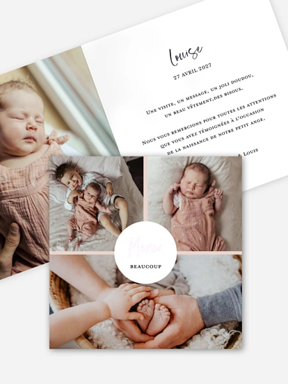 Carte remerciement naissance Joli photo collage