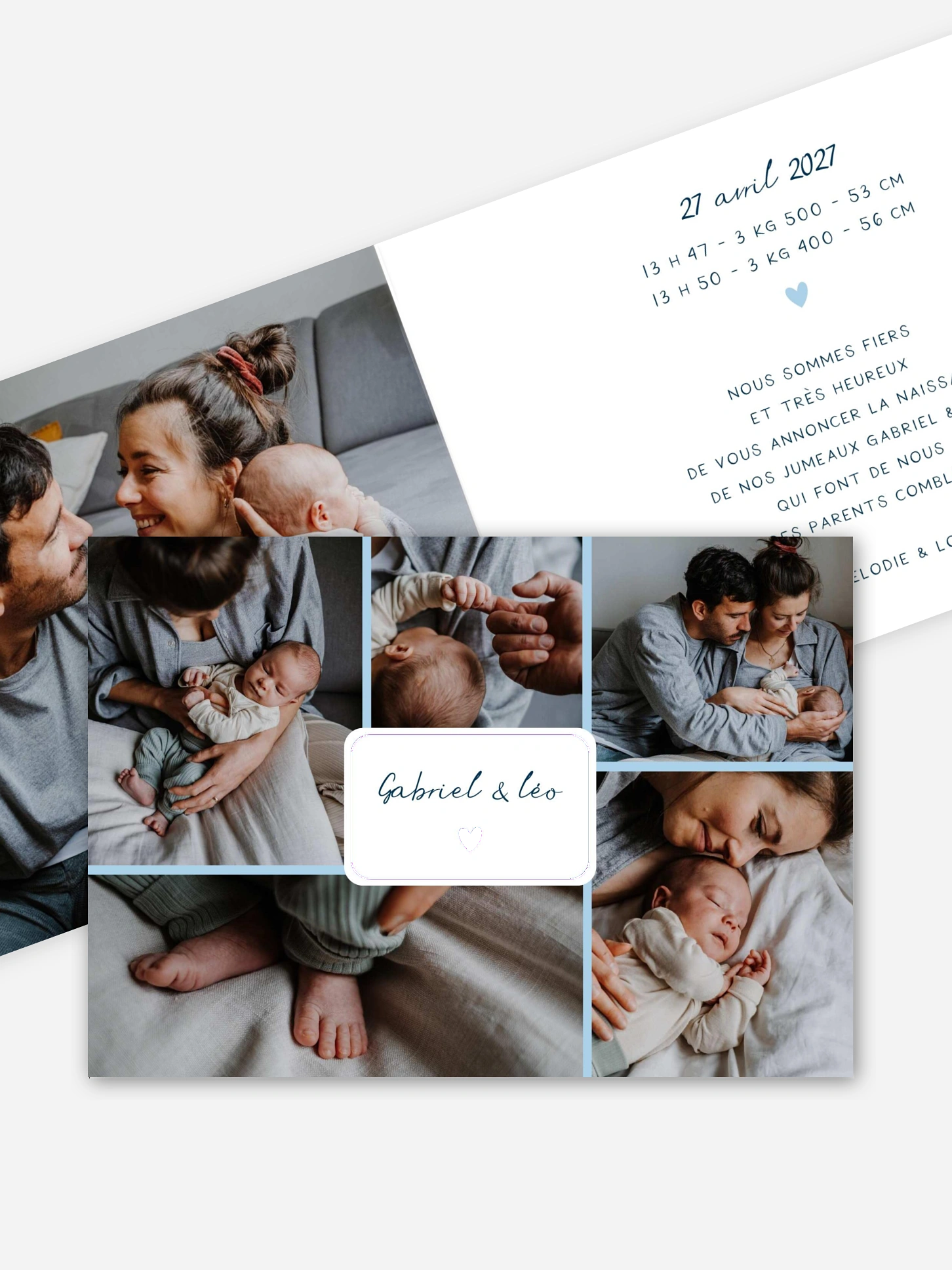 Faire-part naissance jumeaux Petit coeur multi photo
