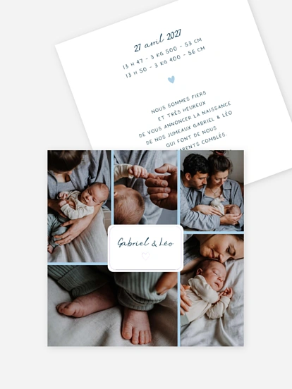 Faire-part naissance jumeaux Petit coeur multi photo