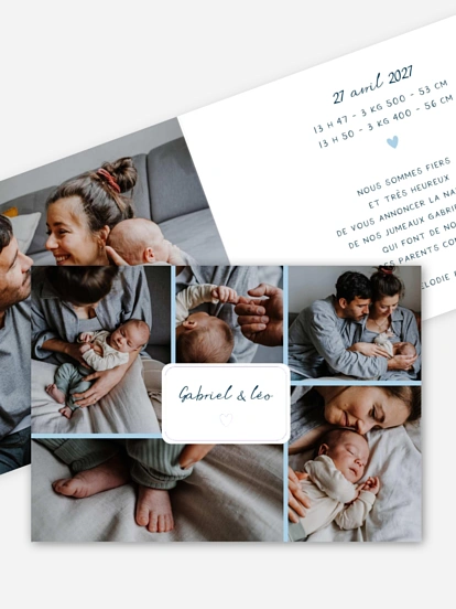 Faire-part naissance jumeaux Petit coeur multi photo