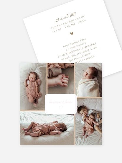 Faire-part naissance jumeaux Petit coeur multi photo