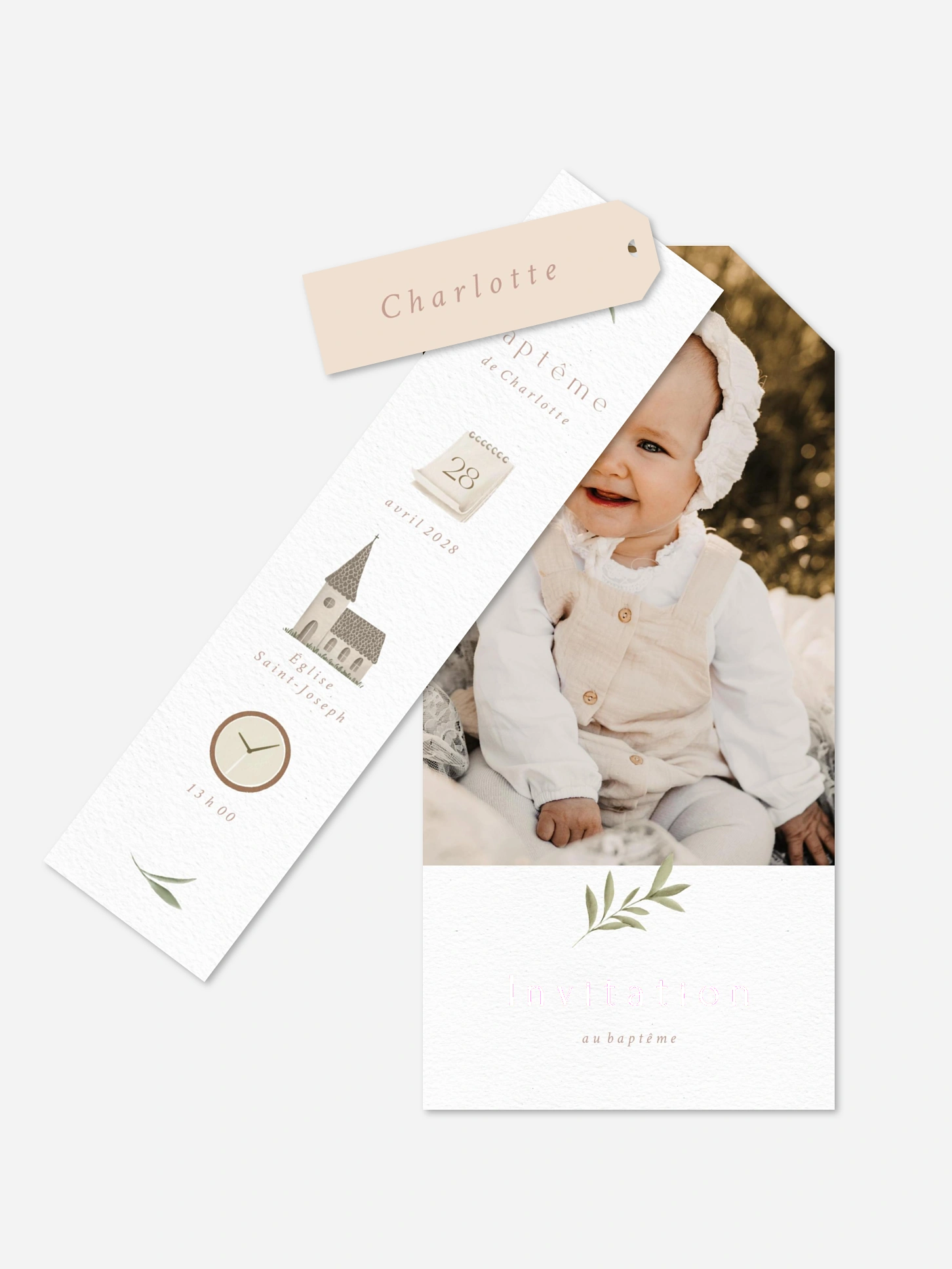 Faire-part baptême Pictos & feuillage