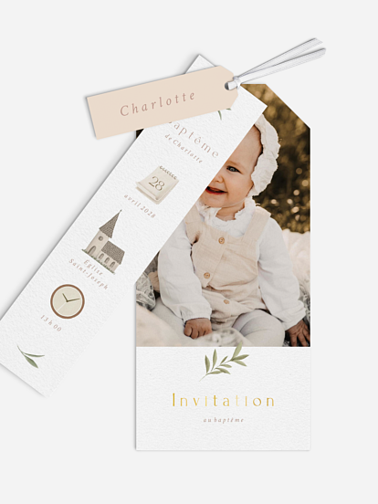 Faire-part baptême Pictos & feuillage